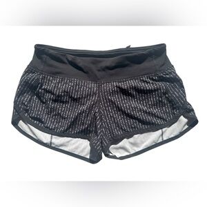 Lululemon Speed Shorts - Black with White Script Pinstripe Pattern - Size 4